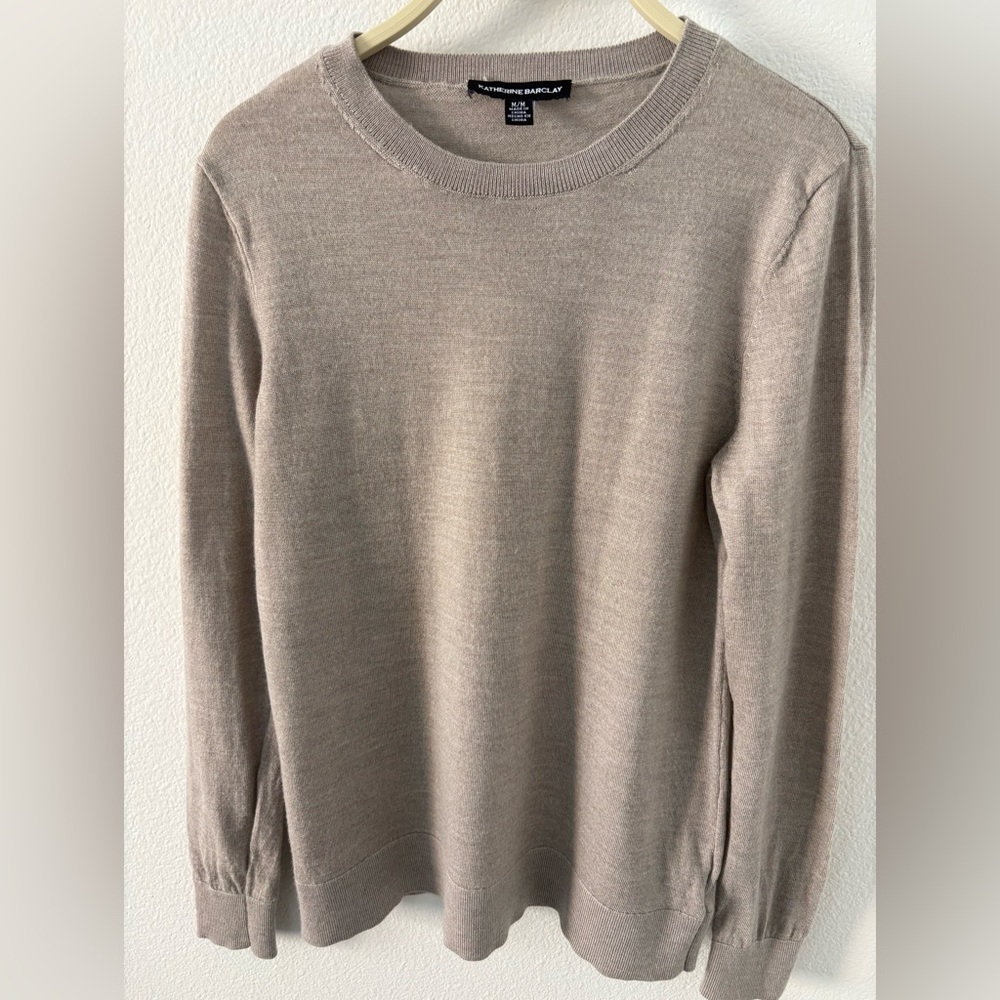 Katherine Barclay Taupe Crewneck Fine Merino Wool Sweater